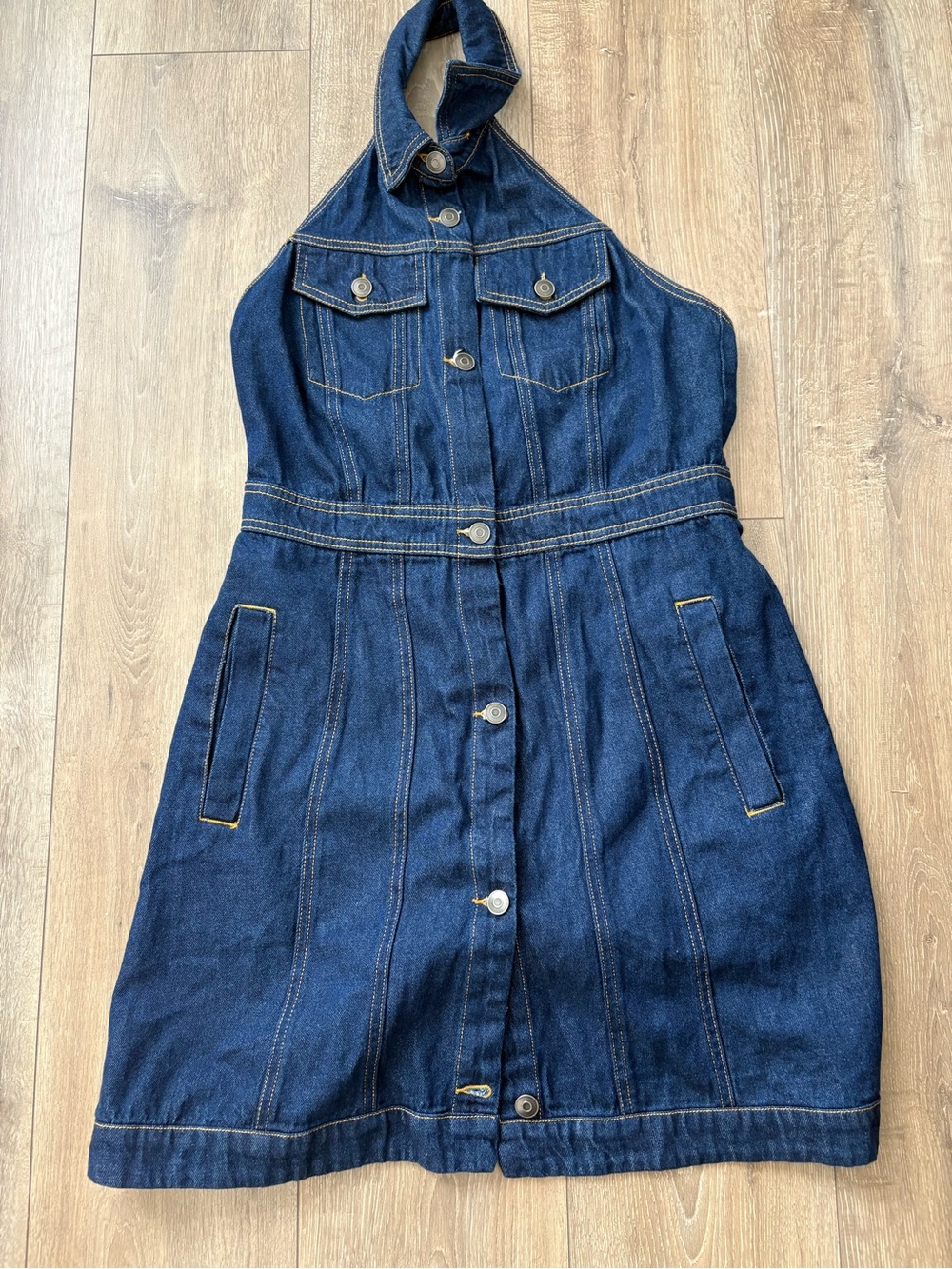 Women’s Dark Blue Denim Backless Halter Dress